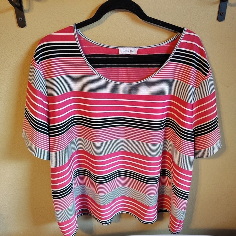 Calvin Klein Women's Striped Stretch Knit Round Neck Career Casual Top Sz 3X
